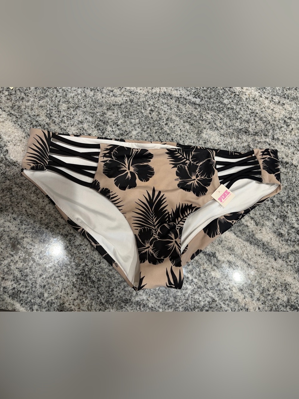 PINK Victoria’s Secret tan black floral strappy swim suit bikini bottom Medium M